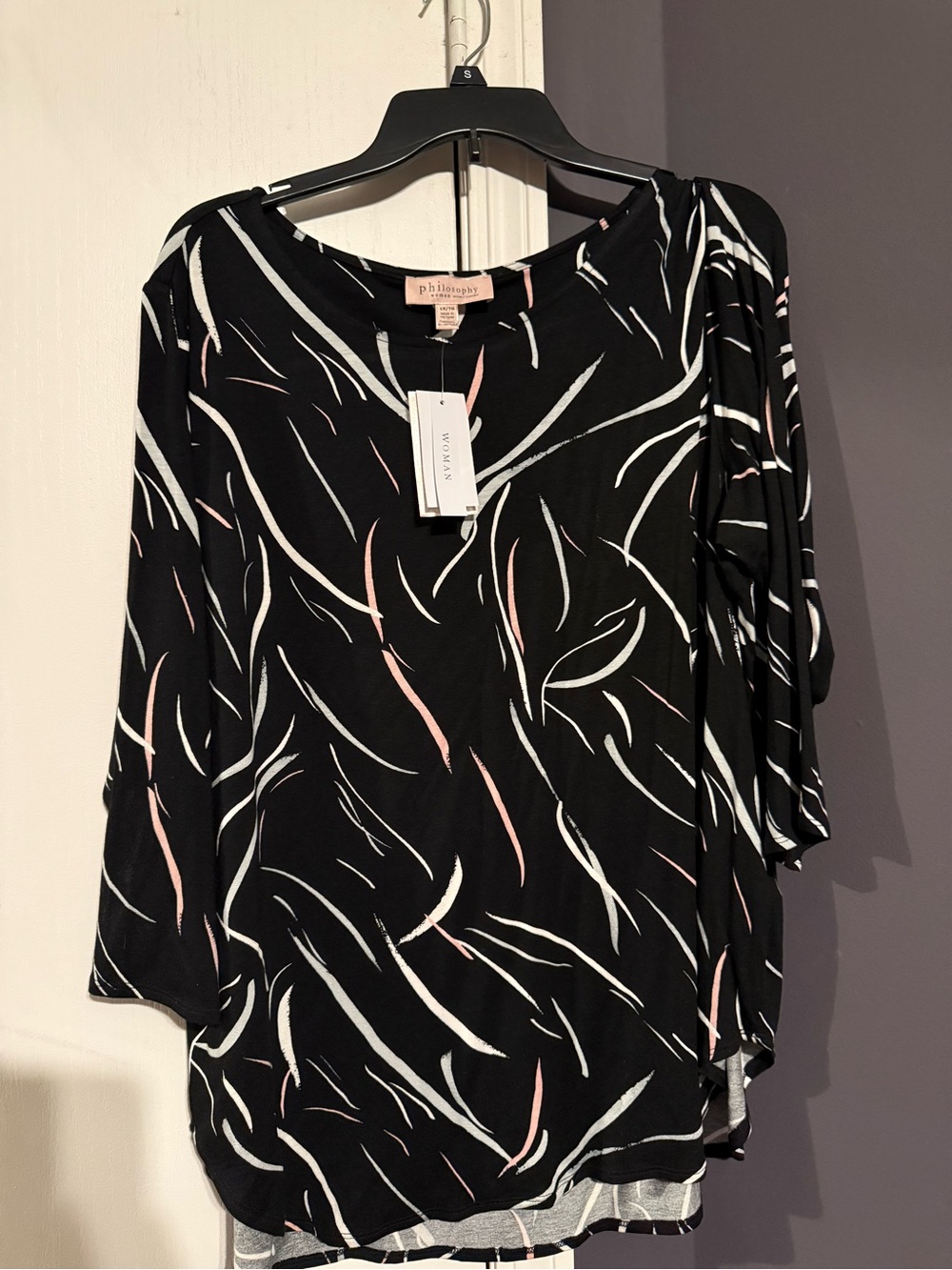 Philosophy Black Long-Sleeve Top with Pink & White Abstract Strokes